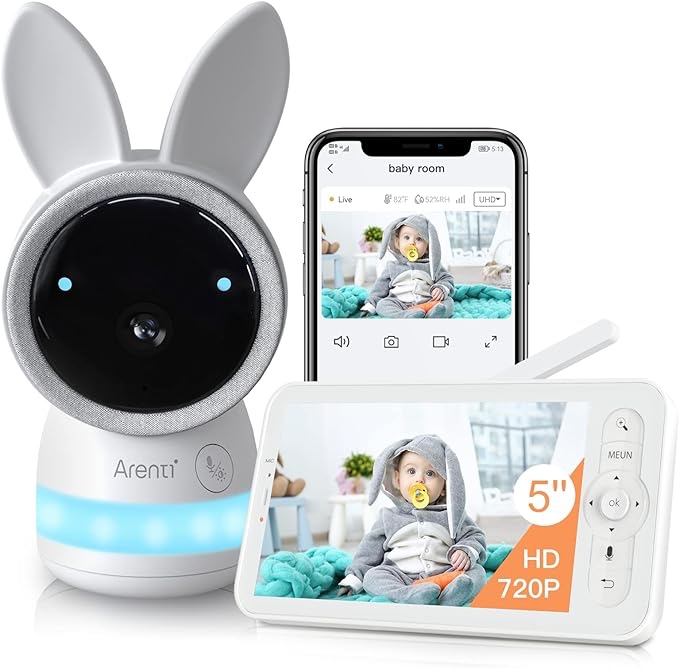 ARENTI Video Baby Monitor, Audio Monitor with 2K Ultra HD WiFi Camera,5" Color Display,Night Vision,Lullabies,Cry Detection,Motion Detection,Temp & Humidity Sensor,Two Way Talk,App Control