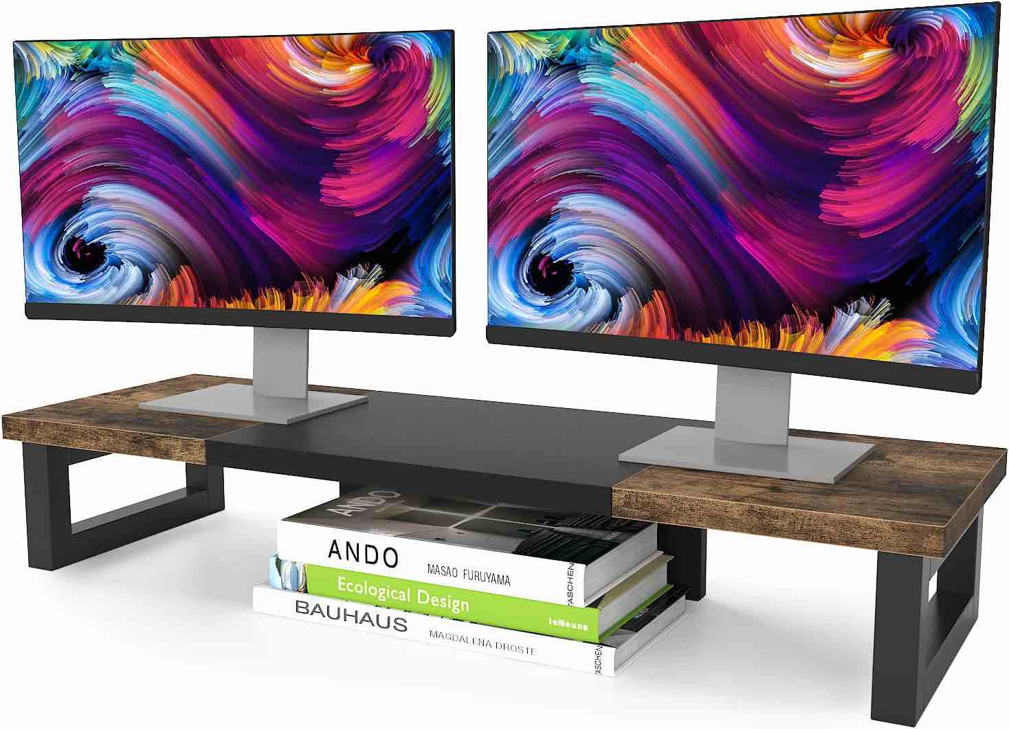 WESTREE Dual Monitor Stand Riser, Wood and Steel Monitor Stand Riser, Computer Monitor Stand for 2 Monitors, Multi-Purpose Desktop Storage Stand for...