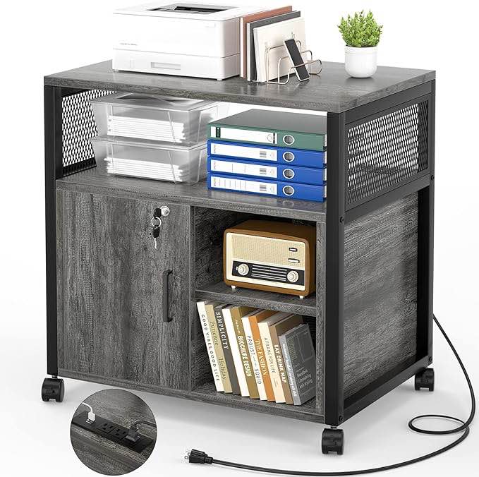 Unikito File Cabinet with LED Lights and Power Outlets, Rolling Printer Stand with Storage and USB Charging Ports, Lateral Office Filing Cabinet for Letter, A4, Legal and File Folders, Rustic Brown