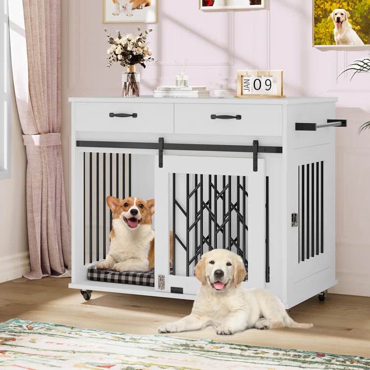 Furniture-Style 2-Room Wooden Dog Crates with Divider, Wheels, 2 Drawers