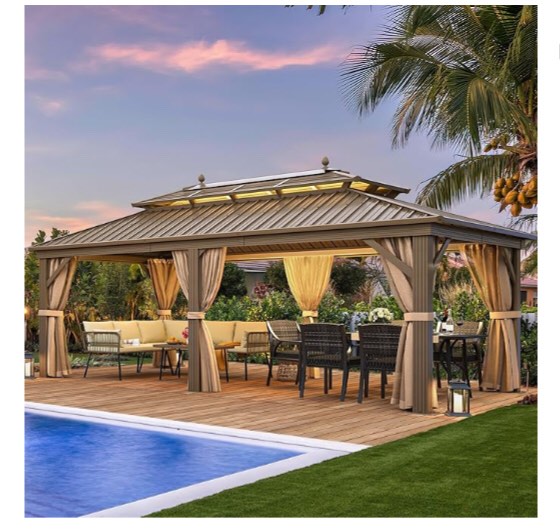 YITAHOME 12x20 ft Hardtop Gazebo with Nettings?and Curtains, Outdoor Heavy Duty Aluminum Gazebo Combined of Horizontal and Vertical Stripes Roof for Patio, Backyard, Deck, Lawns and Balcony (Bronze)(Incomplete box 3 of 6 )