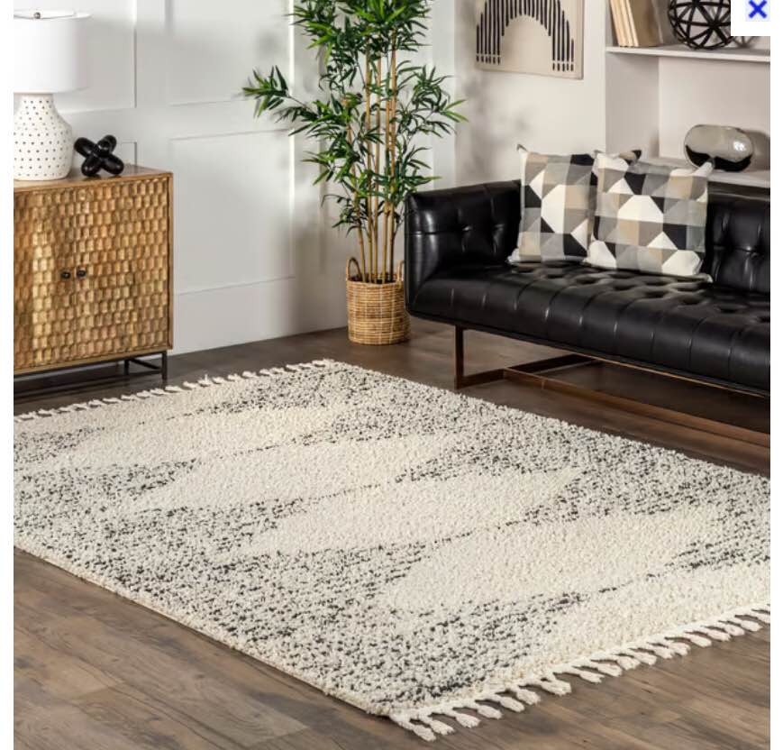 Off White Moroccan Diamond Pinstripes Tassel Area Rug