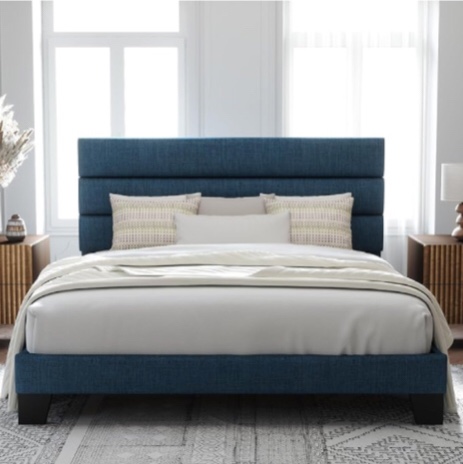 Allewie King Size Platform Bed Frame with Fabric Upholstered Headboard and Wooden Slats Support, Fully Upholstered Mattress Foundation/No Box Spring Needed/Easy Assembly, Navy Blue