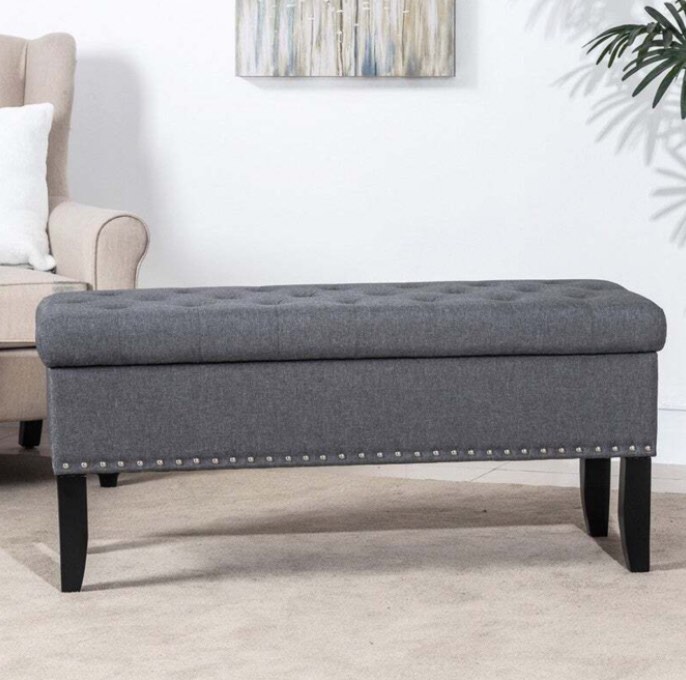 Adeco Dark Grey Storage Ottoman Bench Rectangle Footrest Grey Large