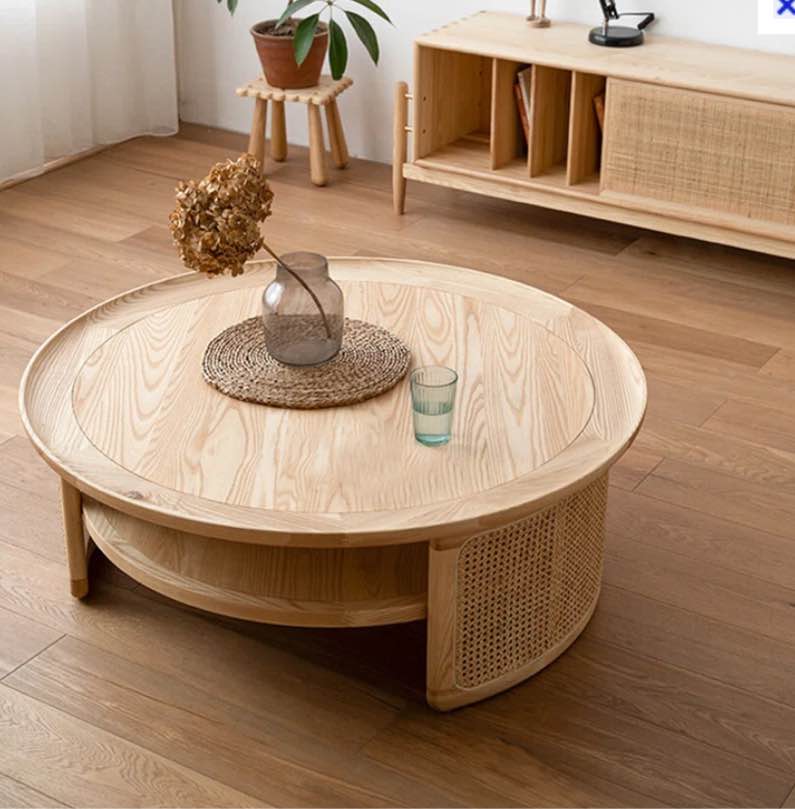 Ambellina Sled Round Solid Wood Rattan Coffee Table with Storage End Table Living Room Furniture