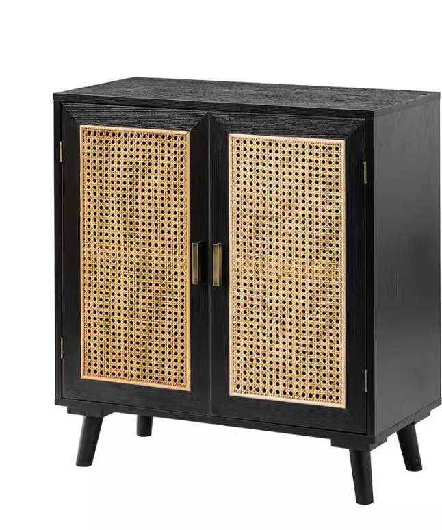 Salayar Black 2-Door Accent Storage Cabinet with Rattan and Solid Wood Legs