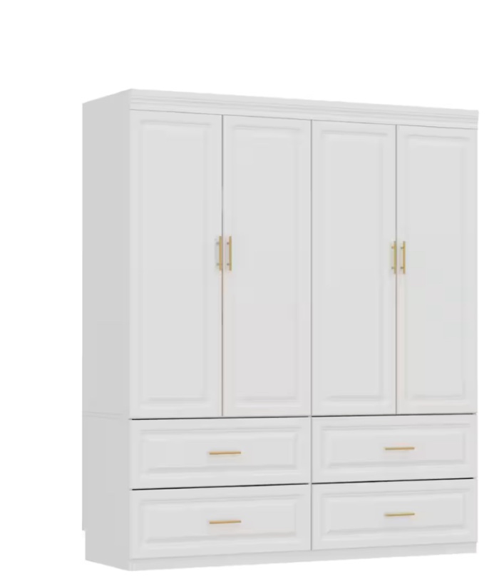 KF250023-01 White Wooden 63 in. W 4-Door Super Large Bedroom Armoire Wardrobe with Hanging Bars, Drawers, Storage Shelves