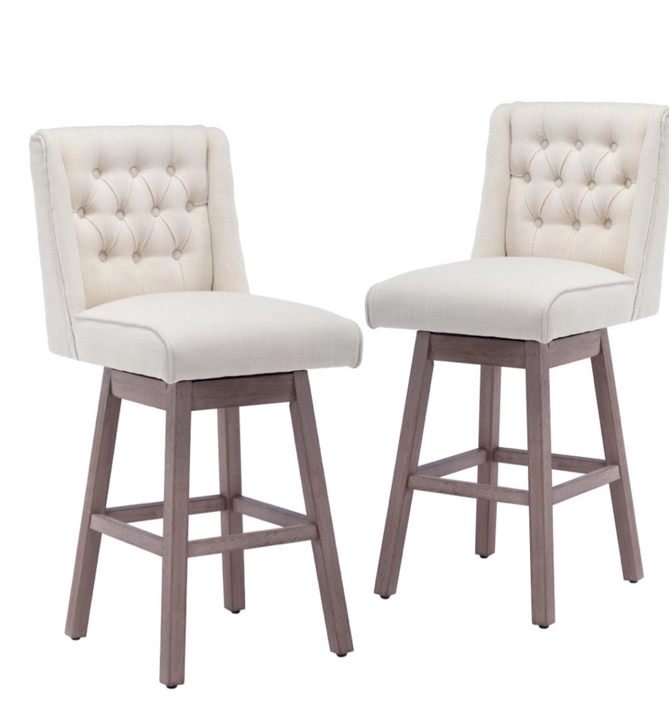 Foredo Swivel Bar Stool with Back Set of 2, Modern Upholstered Bar Stools with Button (different color)Tufted Back and Solid Wood Legs, Beige