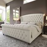Dulane Velvet Upholstered Sleigh Bed with Scroll Wingback Headboard & Footboard, (incomplete, Box 1/2)