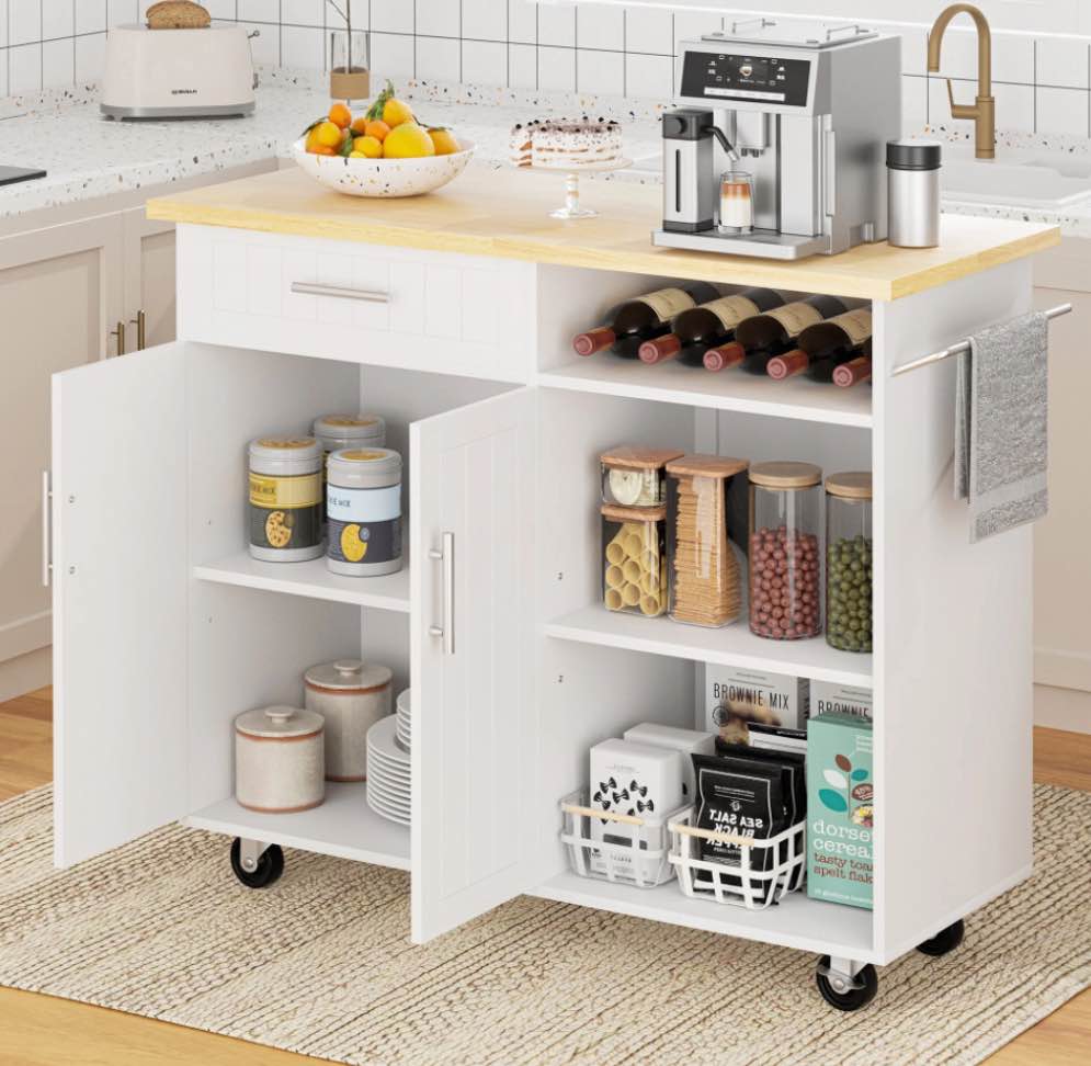 Walsunny Kitchen Island Cart with Storage,Rolling Kitchen Island Side Table on Wheels with Large Worktop,Storage Cabinet,Towel Rack and Drawers?White?