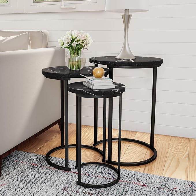 Lavish Home Set of 3 Nesting Tables, Black Marble