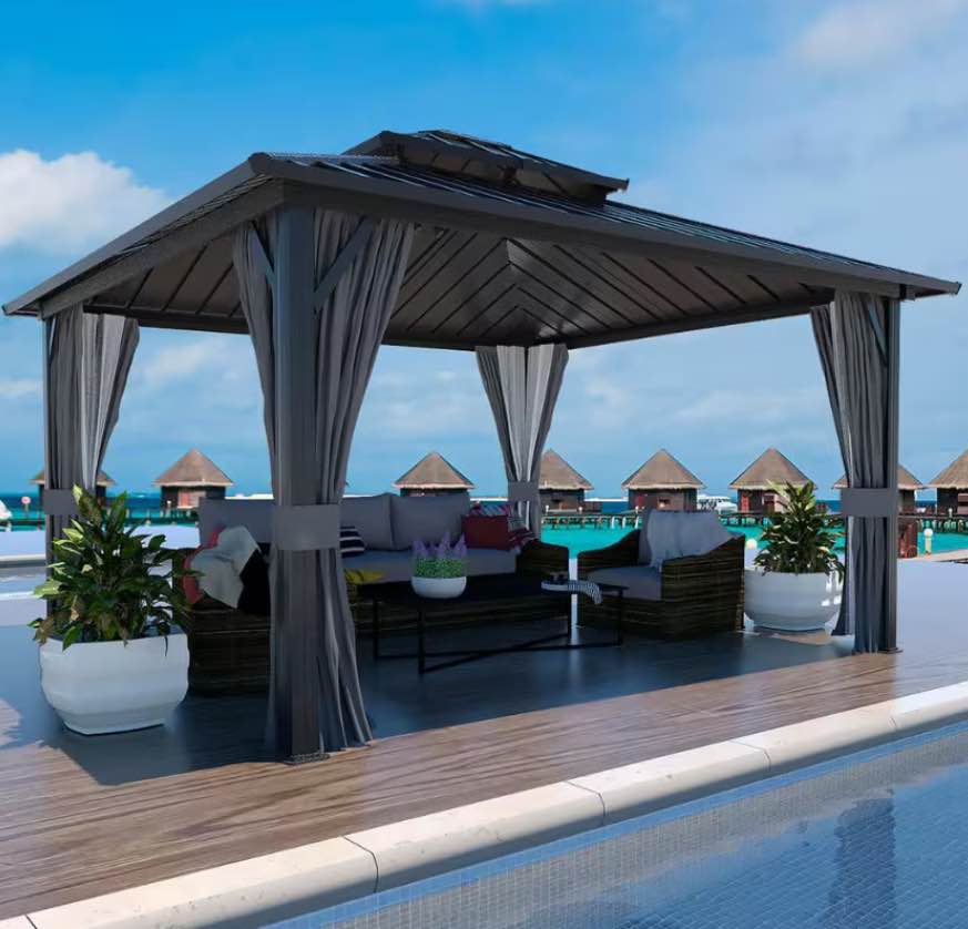 VEIKOUS 12 ft. x 12 ft. Aluminum Double Hardtop Gazebo with Grey Curtains and Netting, (incomplete, Only 1 Box ) 