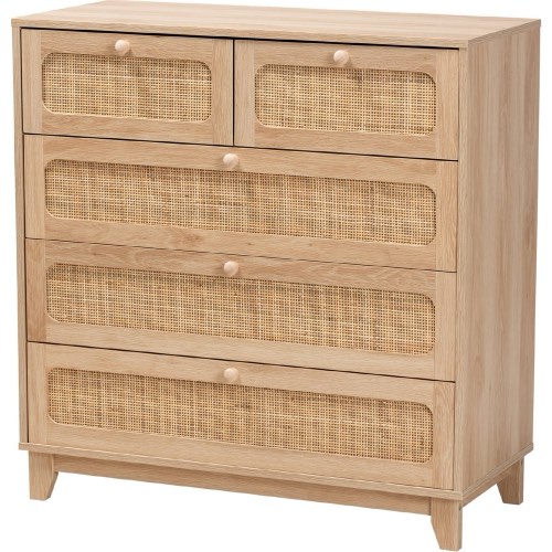 Elsbeth 5 Drawer Storage Cabinet in Oak Brown Finish Wood & Natural Rattan by Baxton Studio