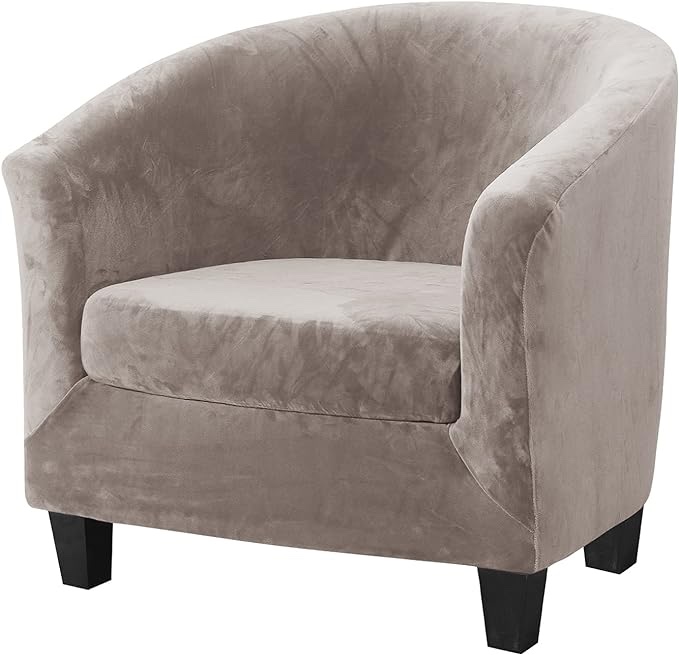 MIFXIN 2-Piece Velvet Tub Chair Covers with Cushion Cover Stretch Soft Removable Tub Chair Slipcovers Armchair Sofa Couch Furniture Protector for Living Room Club Bar Counter (Light Tan)
