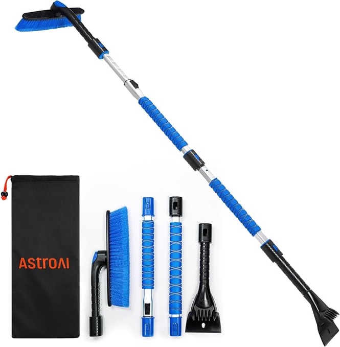 AstroAI 62.4" Ice Scraper and Extendable Snow Scraper for Car Windshield with Foam Grip and 360° Pivoting Brush Head for Christmas Car Auto Truck SUV(Blue)