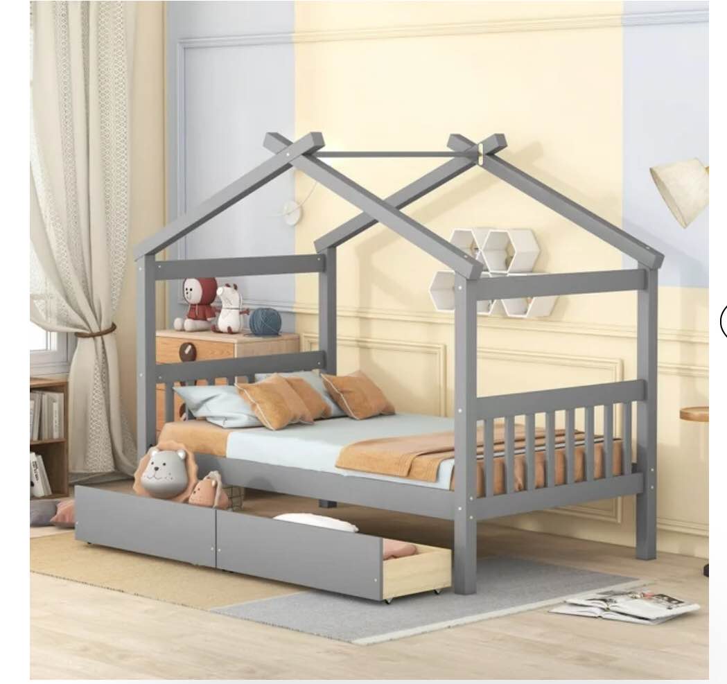 Twin Size House Bed Frame, Wood Platform Bed with 2 Drawers, Decorative Canopy Bed Top, Sturdy Frame Wood Legs Supprot, No Box Spring Needed, Gray