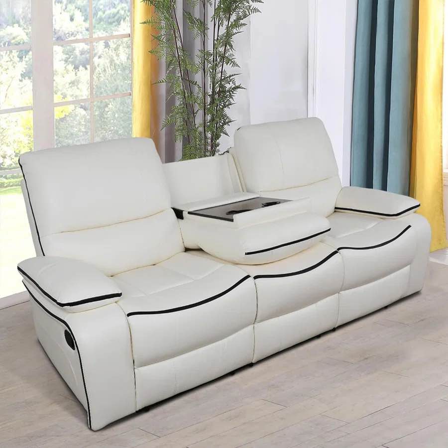 GGGS4106 S ADALA 86.5 FAUX LEATHER RECLINER SOFA. CREAM WITH BLACK TRIM