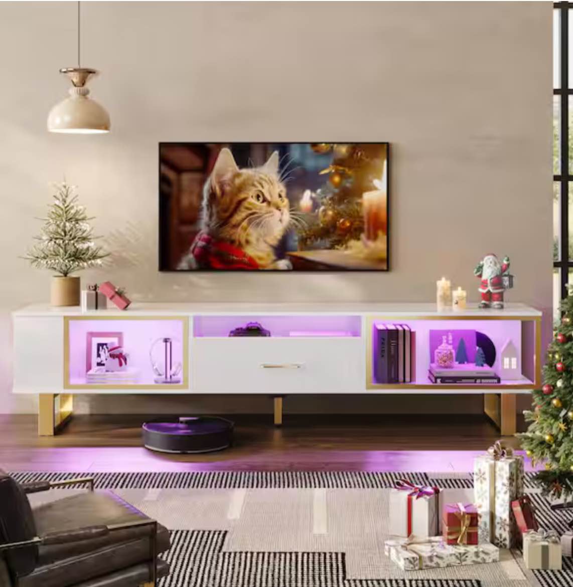 70 in. High Gloss TV Stand for TVs Up to 80 in. Modern Entertainment Center with Open Storage and Drawer White and Gold
