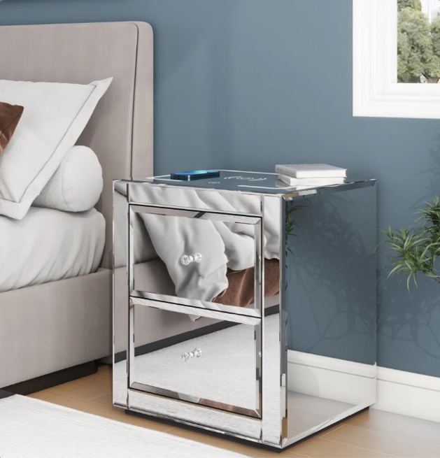 Jaunita Nightstand Mirror Glass Top with LED Light, Wireless or USB Charging Station and Drawers