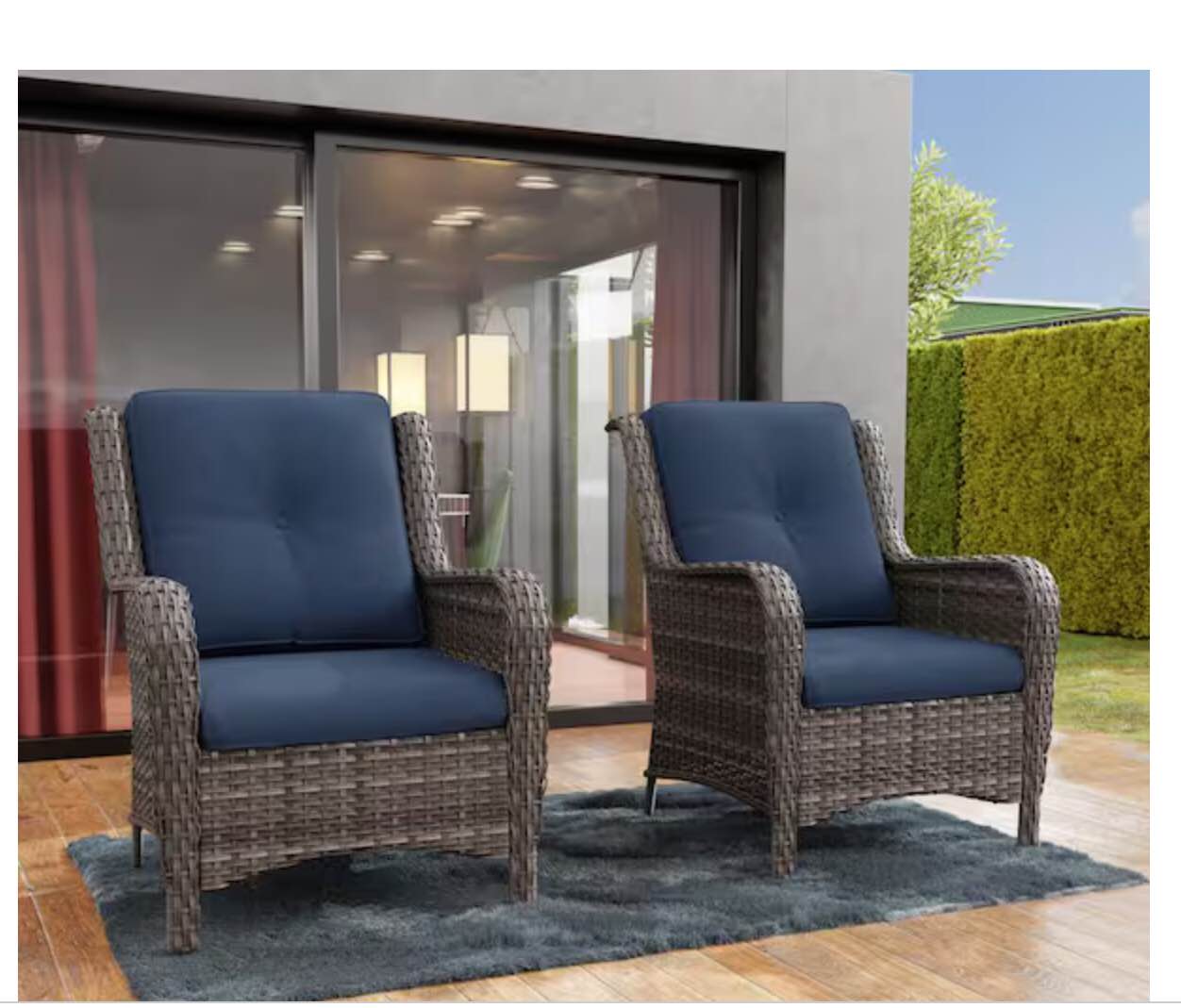 Ergonomic Arm 2-Piece Patio Wicker Outdoor Lounge Chair with Thick Blue Cushions