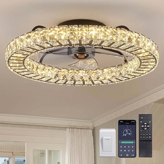 LUDOMIDE Flush Mount Ceiling Fan with Light, 22" Modern Crystal Chandelier Ceiling Fan with Smart 4-Light Color Change, Dimmable LED Ceiling Fan, 6 Wind Speeds, Low Profile Ceiling Fan for Bedroom Black - 22 Inch