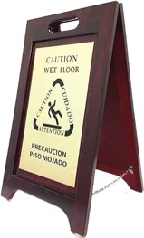 Wholesale Hotel Products Premium Wooden “Caution Wet Floor” Bilingual Sign- Real Hardwood construction, 23”x14”, non-skid plastic feet, Walnut wood/Brass plate-great for hotels, condos, schools, colleges, churches, offices