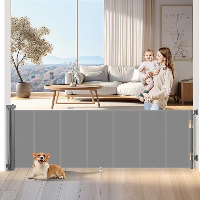 Upgrade 120 inch Retractable Baby Gates Extra Wide with Reinforced Strip Design to Prevent Crawling Through, 10 Foot Retractable Dog Gate, 42" Tall, Retractable Gate for Indoor/Outdoor(Black)