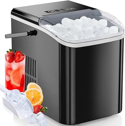 Sweetcrispy Ice Maker Countertop, Portable Ice Machine Self-Cleaning with Handle, Ice Scoop and Basket, 9 Cubes in 6 Mins, 26.5lbs/24Hrs, 2 Sizes of Bullet Ice for Kitchen Office Party, Black
