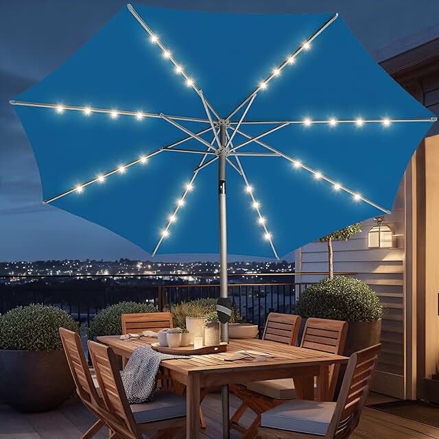 BLUU MAPLE 9 FT Outdoor Solar Patio Umbrella LED Table Umbrellas with 16 LED Strip Lights & Hub Light, Aluminum Frame, 3 YEARS Fade Resistance & UV Protection Olefin Fabric - Cream Beige 9 FT Cream Beige