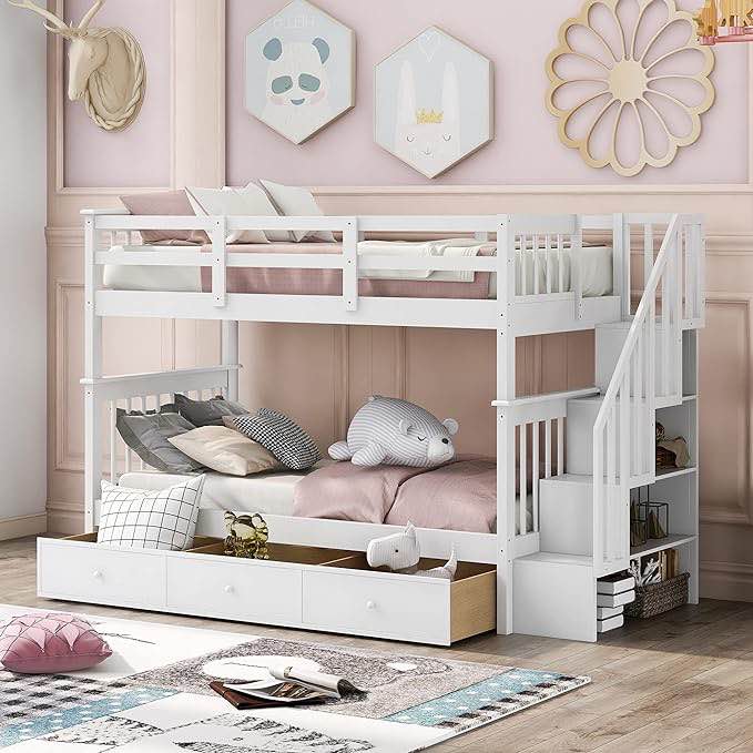 Harper & Bright Designs Twin Over Full Bunk Bed with Stairs, Solid Wood Stairway Bunk Bed with Storage Drawers for Kids Teens Adults, Bedroom, Dorm (White) SIMILAR TO LOT PHOTO