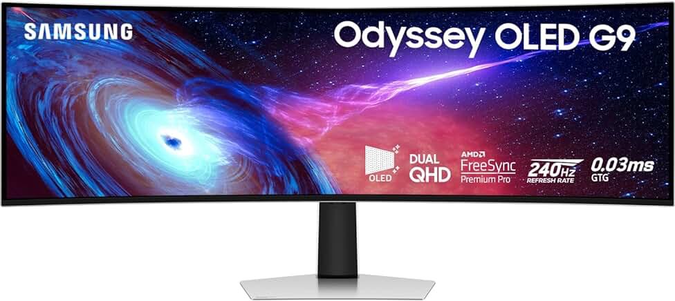 SAMSUNG 49” Odyssey CRG Series Dual QHD (5120x1440) Curved Gaming Monitor, 120Hz, QLED, HDR, Height Adjustable Stand, Radeon FreeSync, LC49RG90SSNXZA Charcoal Gray 49-inch CRG9 Dual QHD, 120Hz HDMI and DP Cable Included