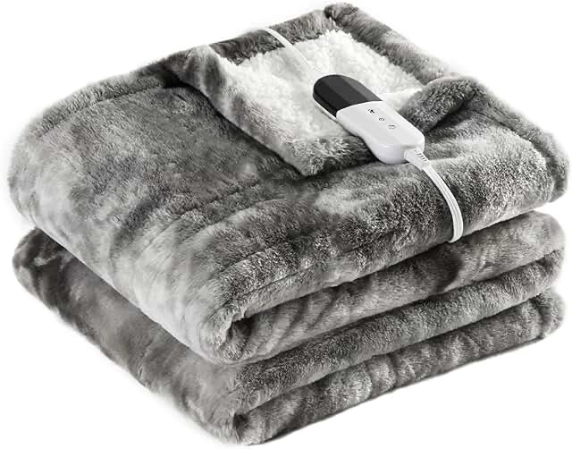BENFOX Electric Heated Queen Blanket 84"x90",Luxury Grey Faux Fur Electric Blanket,Fast Heating Soft Fluffy Thick Electric Blanket with 6 Heating Levels & 10H Auto Off