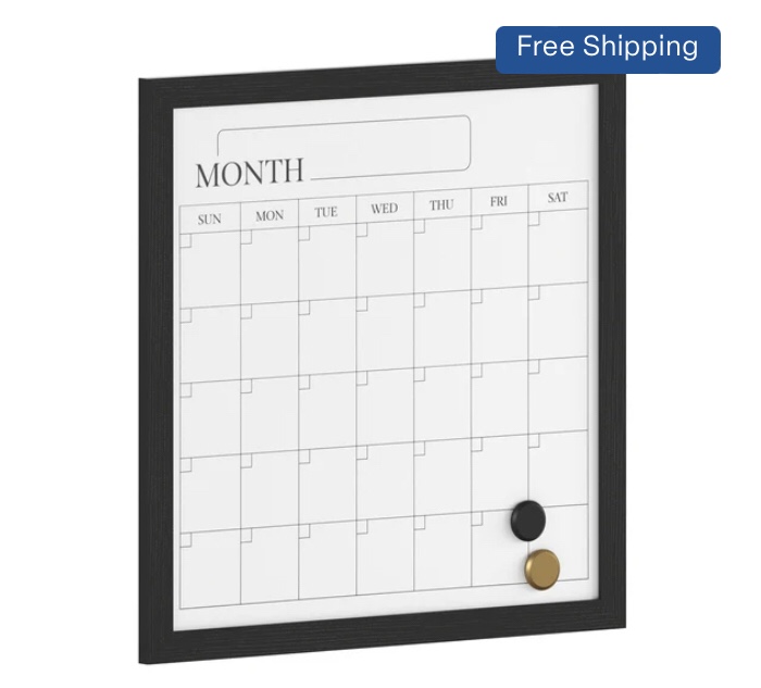 Martha Stewart Everette Magnetic Monthly Calendar Dry Erase Board with Included Dry Erase Marker and 2 Magnets, 18" x 18", Black Woodgrain Frame