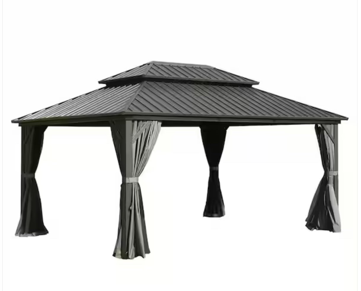 PURPLE LEAF 10' X 12' Hardtop Gazebo Canopy with Netting and Curtains for Outdoor Deck Backyard Heavy Duty Sunshade Outside Metal Patio Permanent Pavilion with 24 LED Hanging String Lights Incomplete ( box 2 of 3 ) similar to stock photo 