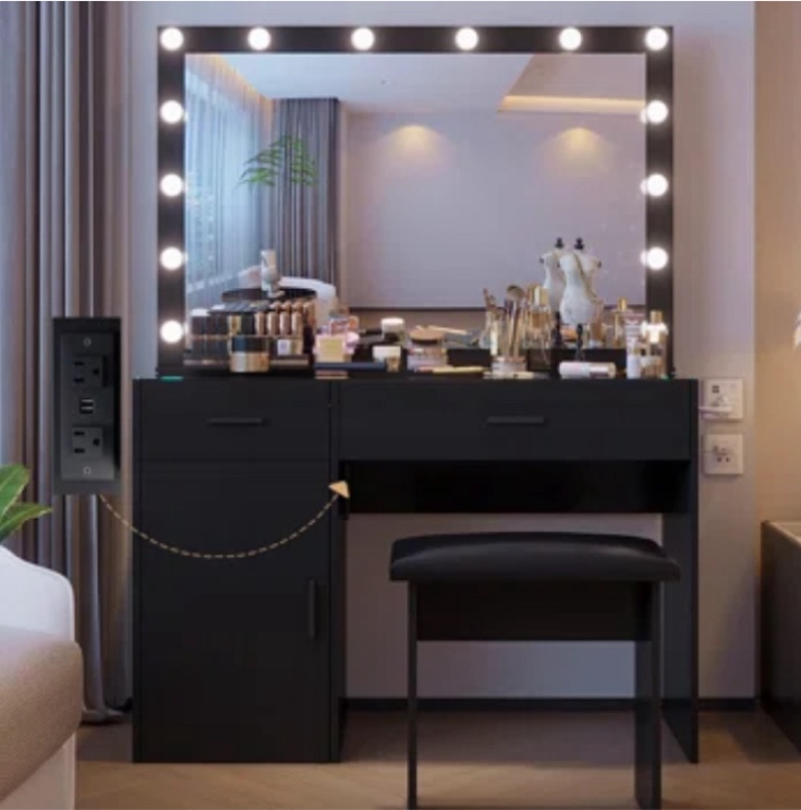 Vanity with Glass Top, 8 Compartment Drawer & Outlets(incomplete box B)