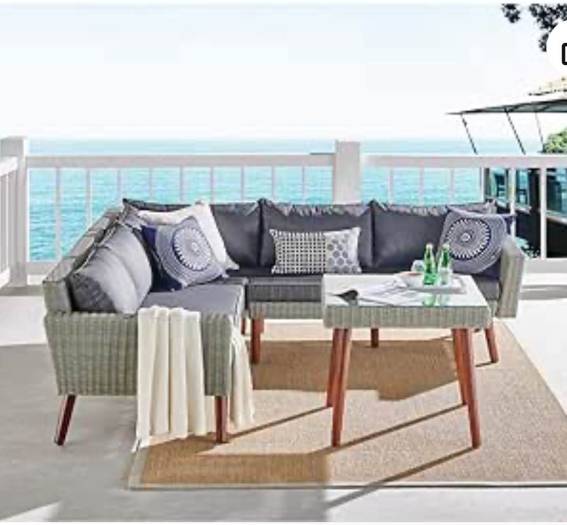 Bolton Furniture Albany All-Weather Wicker Outdoor Corner Sectional Sofa with 26" H Square Cocktail Table Set, Dark Gray(incomplete )