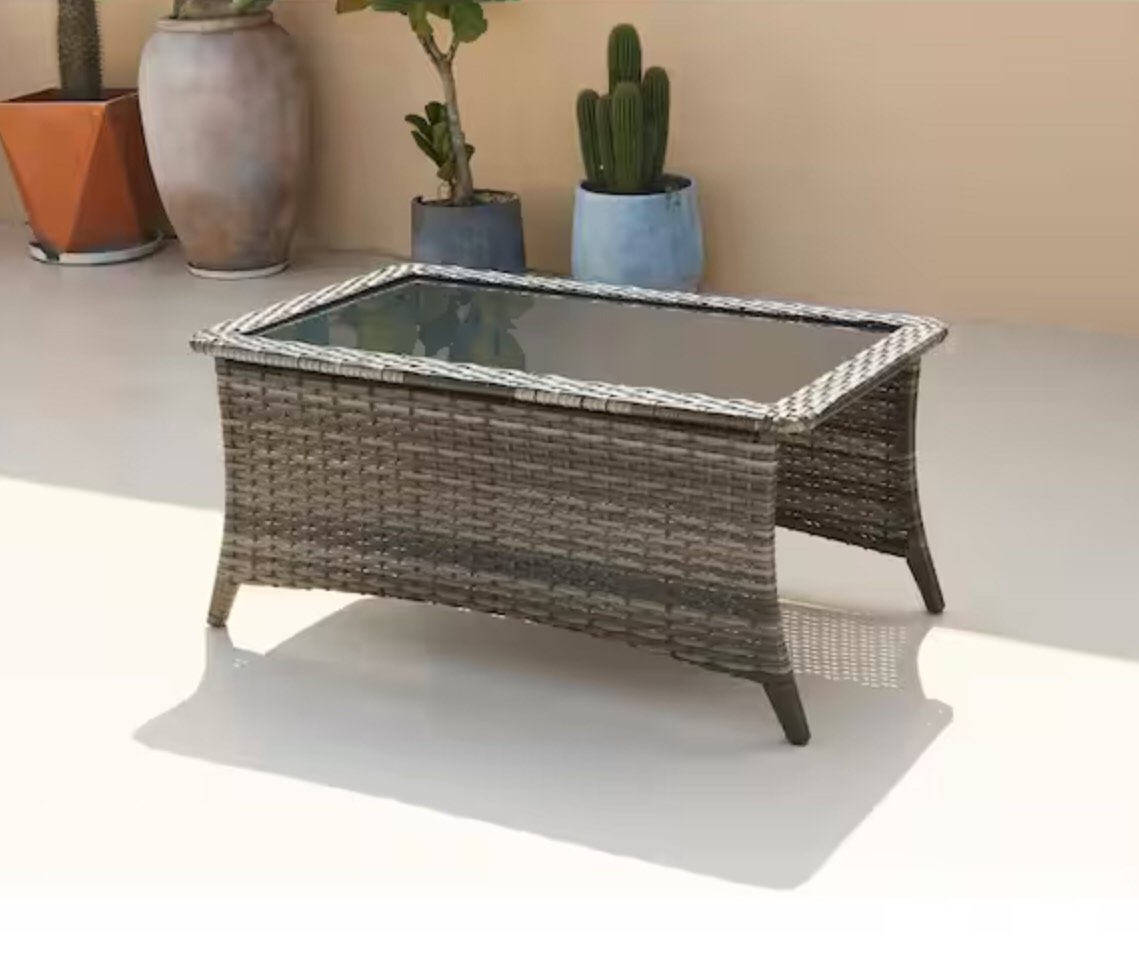 Carolina Gray Wicker Outdoor Coffee Table with Black Glass Tabletop