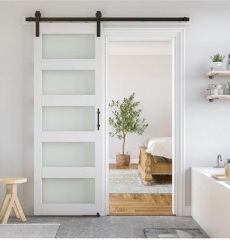 3 Lite Tempered Frosted Glass White Closet Sliding Door with Hardware & Aluminum Flush Pull Plate, (incomplete, missing pieces)