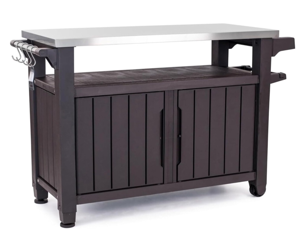 Keter Unity XL Outdoor Kitchen Rolling Bar Cart with Storage Cabinet, Brown