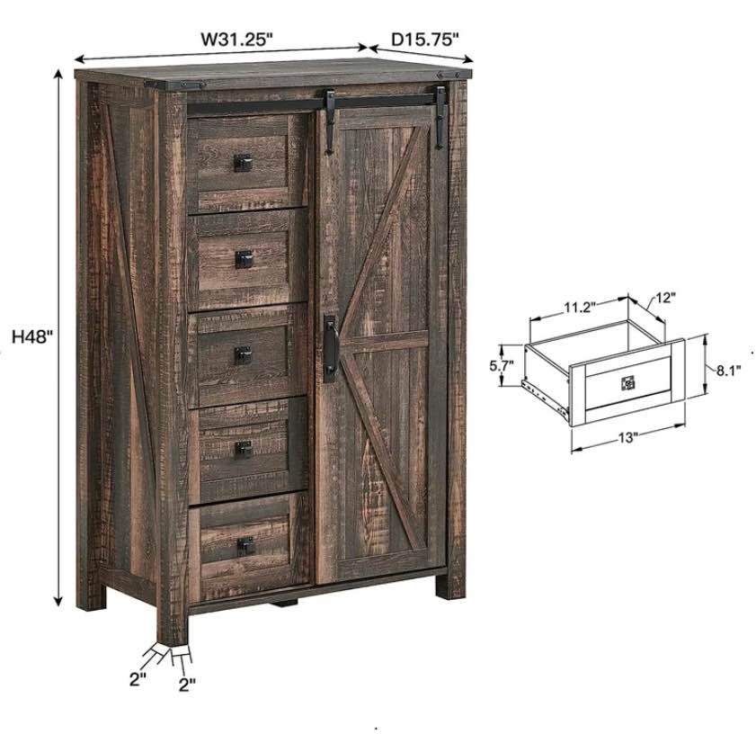 OKD 5 Drawer Reclaimed Barnwood Dresser with Sliding Barn Door, Farmhouse Modern Storage Cabinet for Bedroom, Chest of Drawers Wood Organizer for Living Room, Dark Rustic Oak