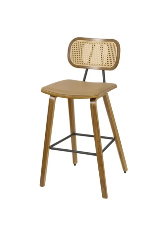 26" Counter Height Bar Stools with Rattan Back, Mid Century Modern Wooden Stool PU Leather Upholstered Bar Chair for Kitchen Island Dining Room, Light Brown