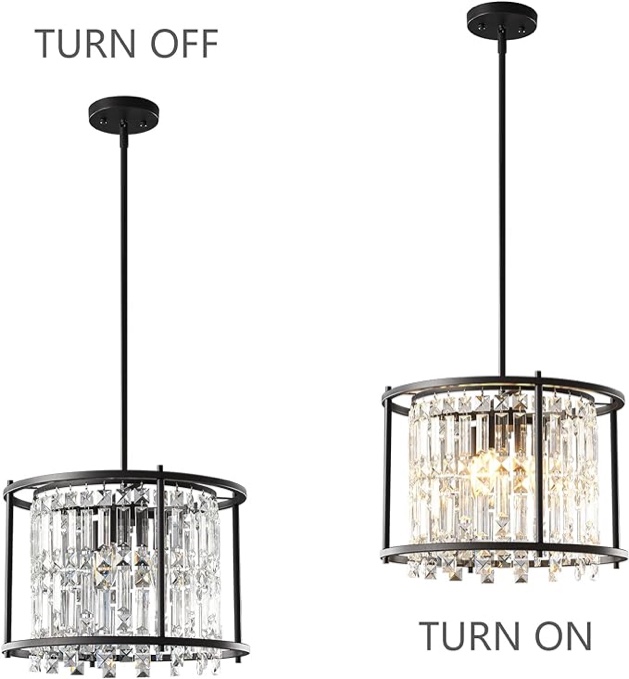 LMQNINE Dining Room Light Fixture 15.74 inch Round Lndustrial Farmhouse Chandelier Black Metal Crystal Pendant Light for Kitchen Island Dining Room Living Room Flat and Inclined Ceiling(3-Light)