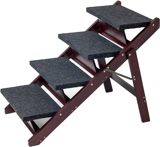 MEWANG Wooden Pet Stairs/Pet Steps - 2-in-1 Foldable Stairs & Ramp?for Beds and Cars - Portable Dog/Cat Ladder Up to 110 Pounds - Great for Small and Older Animals(Brown)