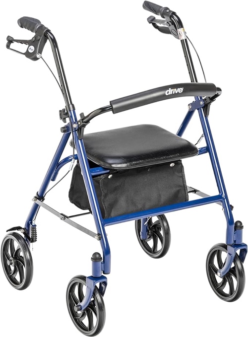 Drive Medical 10257BL-1 4 Wheel Rollator Walker With Seat, Steel Rolling Walker, Height Adjustable, 7.5" Wheels, Removable Back Support, 300 Pound Weight Capacity, Blue