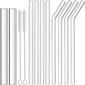 ALINK Reusable Glass Straws, 2PCS Large Clear Glass Boba Straws, 8PCS Wide Smoothie Straws for Bubble Tea, Milkshakes, Popping Tapioca Pearls with 2 Cleaning Brush