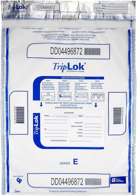 ControlTek TripLok 15" x 20", Clear with Pocket, 50 Bags, Tamper-Evident Deposit Bags for Cash Handling & Valuables, Moisture, Heat and Cold Sensitive Ink, Tear-off receipt + Large Barcodes 