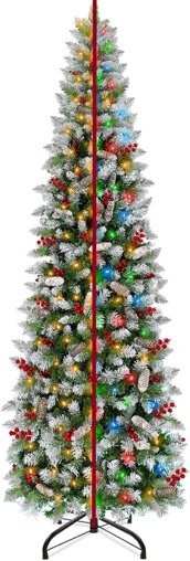 Dual Color Switch&Snow Flocked 7.5Ft Prelit Pencil Christmas Tree, 350 Warm White&Multicolor Change Light, 1150 Thick Realistic Tip, 518 Red Berry, Pinecone, Timer, 9 Mode, UL Plug Hinged Flocked Tree
