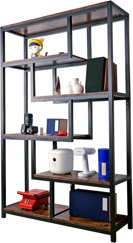 Yusong White Bookshelf, Industrial Bookcase Open Storage Shelves with Metal Frame, Freestanding Display Rack Tall Shelving Unit for Living Room, Bedroom, Office, White