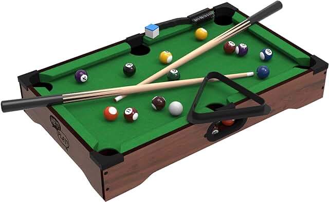 Mini Tabletop Pool Set- Billiards Game Includes Game Balls, Sticks, Chalk, Brush and Triangle-Portable and Fun for the Whole Family by Hey! Play!, green, 12.2x20.2x3.5, (15-3152)