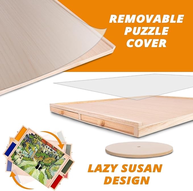 NORBASE Puzzle Board with Drawers and Cover 30'' x 22'' 1000 Piece Wooden Jigsaw Puzzle Table Lazy Susan Spinning Puzzle Boards Portable Lightweight Design